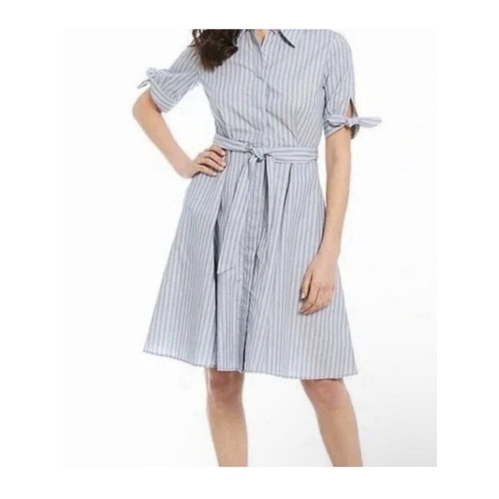 calvin klein blue white striped short sleeve button down knee length dress 2 Xs
